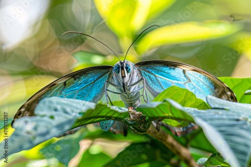 Blue morpho butterfly (Morpho peleides) on a tropical plant leaf. Image taken in Costa Rica. photo