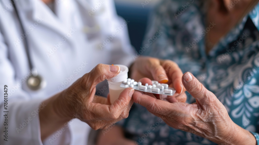 A doctor hands over a strip of pills to an elderly patient, ensuring proper medication management