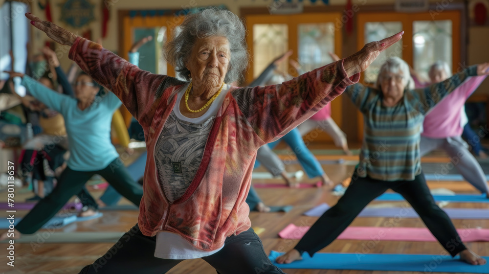 Elderly women in a yoga pose, focused and balanced, class participants stretch and strengthen their bodies in a well-lit hall
