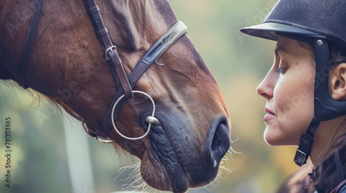 A rider in an equestrian helmet shares a serene moment with a brown horse, emphasizing a connection between human and animal © sommersby