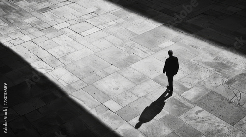A black and white shot of a person walking along a sidewalk