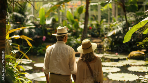 Senior man and woman stroll together amidst vibrant greenery and water lilies in a tranquil botanical garden setting, enjoying their companionship in nature