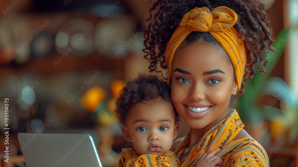 Attractive young dark skinned woman working at desk at home using laptop, holding baby on her laptop Attractive young dark skinned woman working at desk at home using laptop, holding baby on her laptop