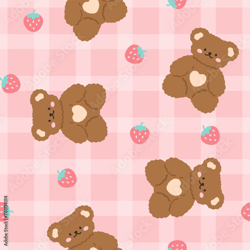 Pink cute kawaii teddy bears with grid texture background and strawberry, kids seamless pattern background for girl. Wrapping paper childish design, fabric and textile print