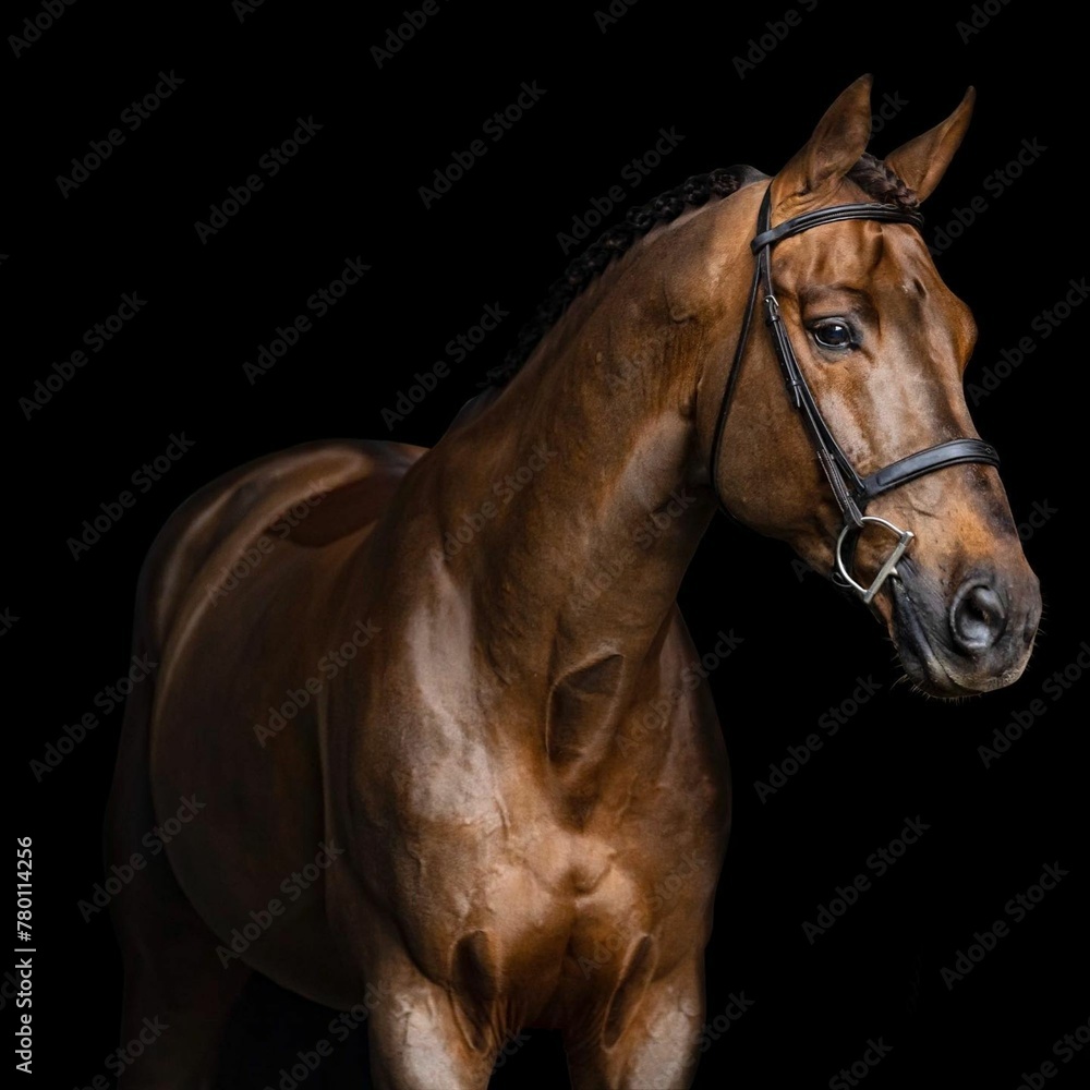 Fototapeta premiumElegant horse portrait on black backround. horse head isolated on black. Portrait of stunning beautiful horse isolated on dark background. horse portrait close up on black background.studio shot .