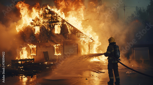Fireman holding a hose spread water to extinguish the fire from the house.