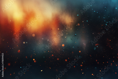 Neon bokeh background with blue, yellow and pink colors on dark. Blur halftone glitter texture. Blurry night lights retro glow.