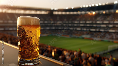 a glass of beer in the foreground, while in the background, a bustling soccer stadium is filled with enthusiastic spectators photo