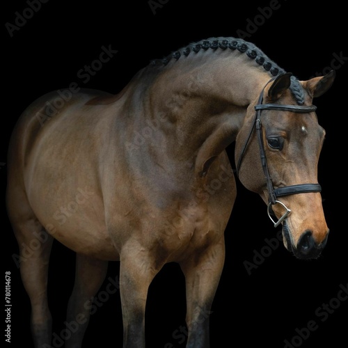   Elegant horse portrait on black backround. horse head isolated on black. Portrait of stunning beautiful horse isolated on dark background.  horse portrait close up on black background.studio shot .