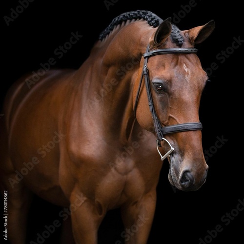   Elegant horse portrait on black backround. horse head isolated on black. Portrait of stunning beautiful horse isolated on dark background.  horse portrait close up on black background.studio shot .