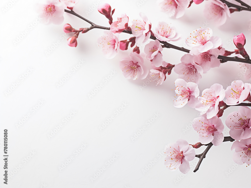 White background framed by pink cherry blossom branch White background framed by pink cherry blossom branch