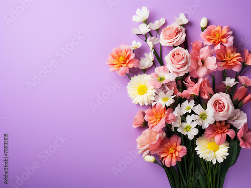 Top view of spring flowers bouquet on vibrant backdrop