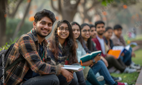 indian group of happy students sitting in college campus,generative ai