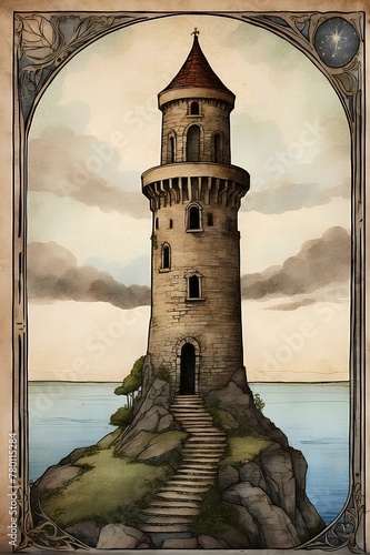 The Tower tarot card, rustic design, traditional layout, fantasy theme
