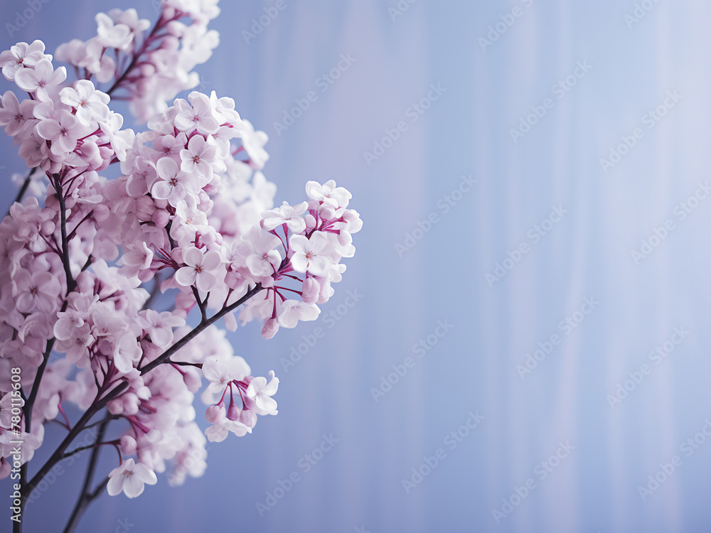 Delicate lilac sprig enhances serene light blue backdrop Delicate lilac sprig enhances serene light blue backdrop