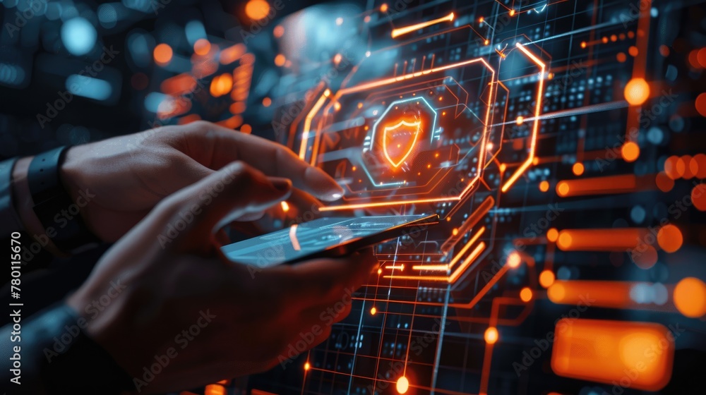 Fototapeta premium smartphone, lock security hologram for data safety protection. Cybersecurity for digital analytics.