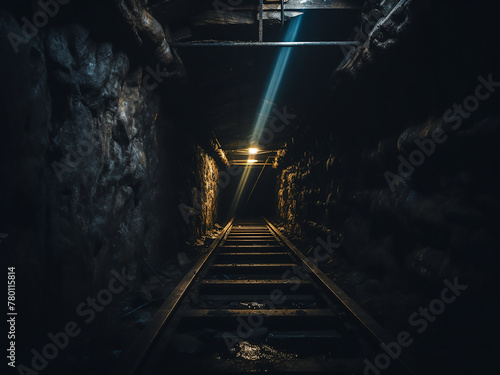 Vertical shot revealing a dimly lit tunnel with sparse light sources photo