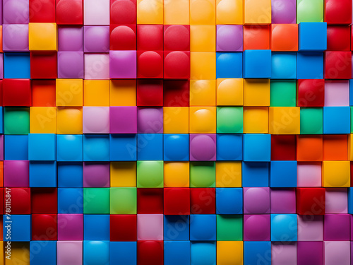 Multicolored plastic blocks creating a vibrant wall display