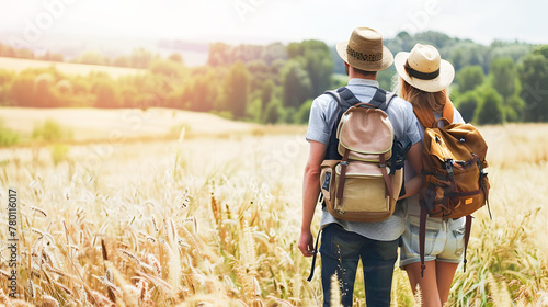 Couple Walking in Wheat Field with Backpacks in 32k UHD