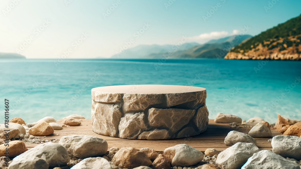 stone rocky pedestal or podium, set against the backdrop of a serene sea or ocean