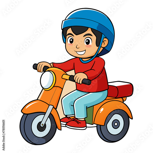 Cartoon boy riding scooter on white background