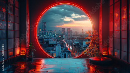 A circular window overlooking a neon-lit cityscape, casting an otherworldly glow into the sleek, minimalist interior-6