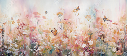 drawing of the pattern of wild flowers with their branches and graceful butterflies in bright colors for walls and walls photo
