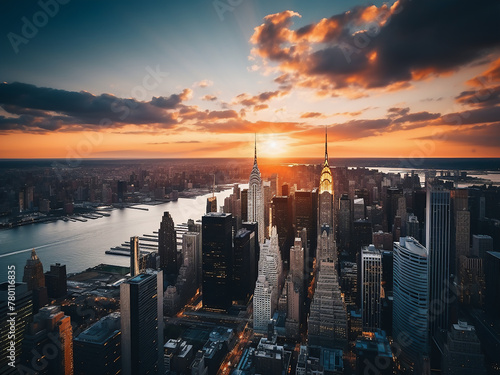 The New York City skyline at sunset unfolds in an aerial view
