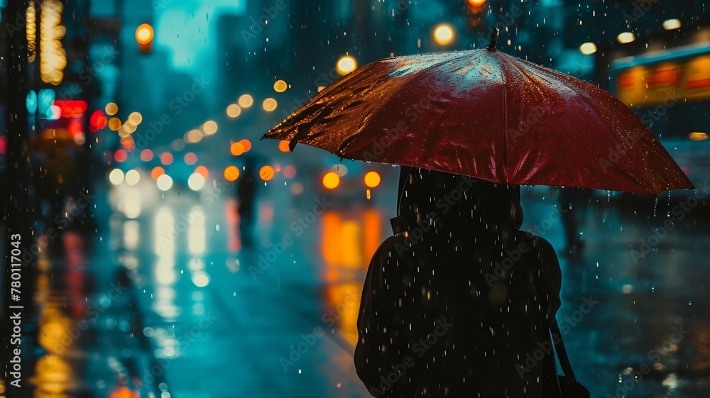 Crimson Canopy: A Person Standing Under a Red Umbrella in a Gentle Rain, Amidst the City's Hustle Crimson Canopy: A Person Standing Under a Red Umbrella in a Gentle Rain, Amidst the City's Hustle