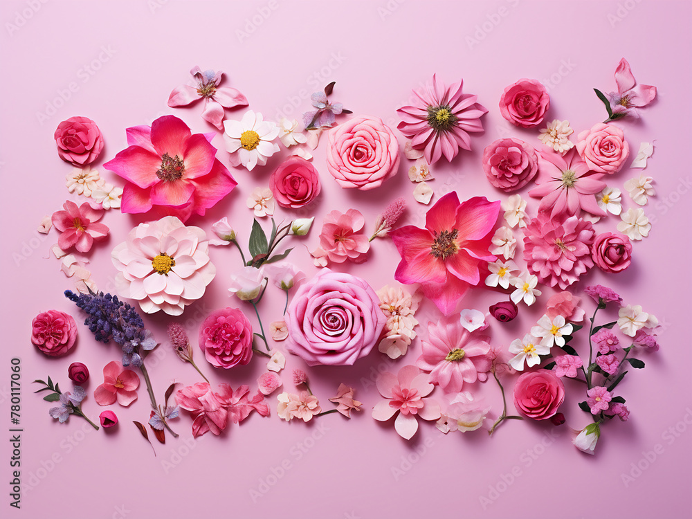 Flat lay arrangement features pink flowers on pink Flat lay arrangement features pink flowers on pink