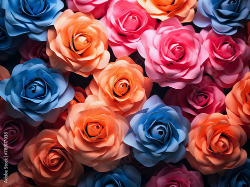 Vibrant artificial roses bloom against a colorful backdrop