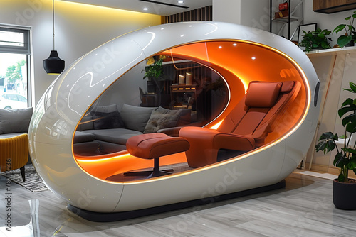 A futuristic relaxation pod within a modern office, equipped with massage chairs, ambient lighting, and soothing music, offering employees a rejuvenating space for brief respites during busy workdays photo