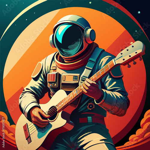 An astronaut on a planet with a guitar in his hand. 