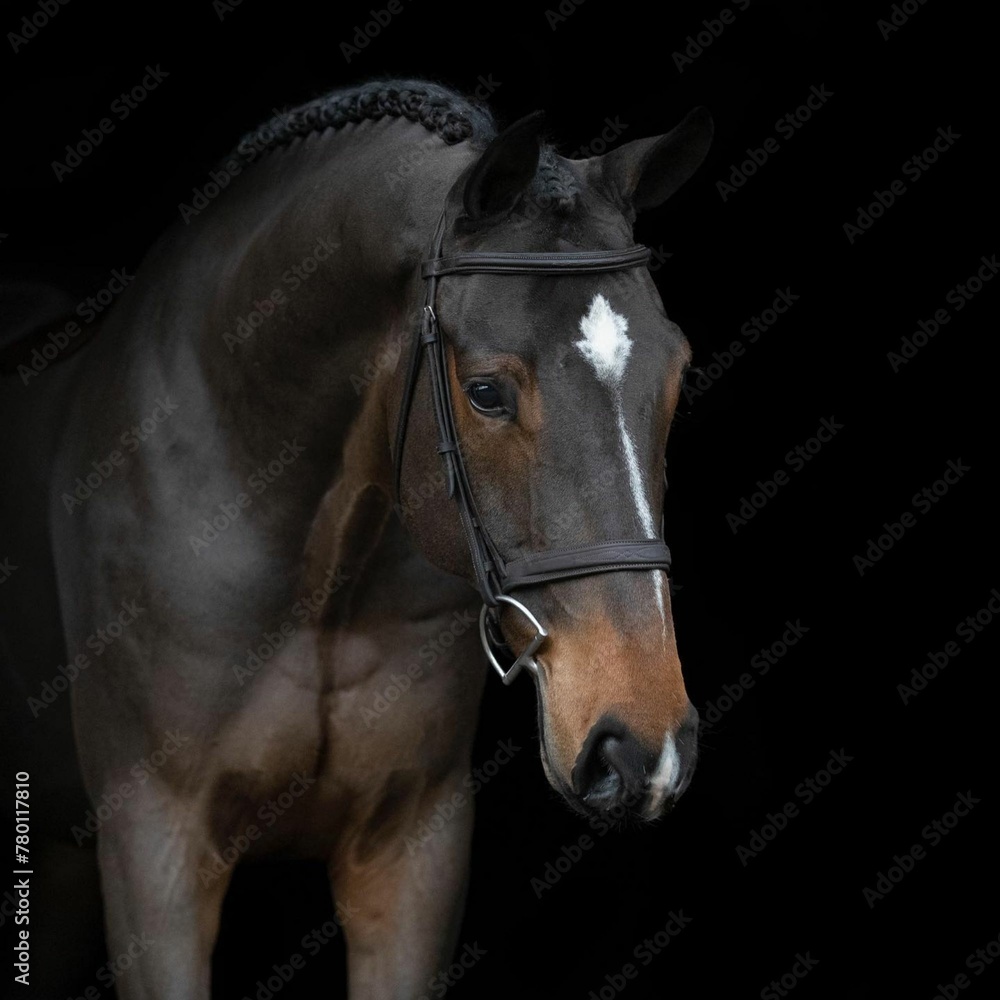 Fototapeta premiumElegant horse portrait on black backround. horse head isolated on black. Portrait of stunning beautiful horse isolated on dark background. horse portrait close up on black background.studio shot .