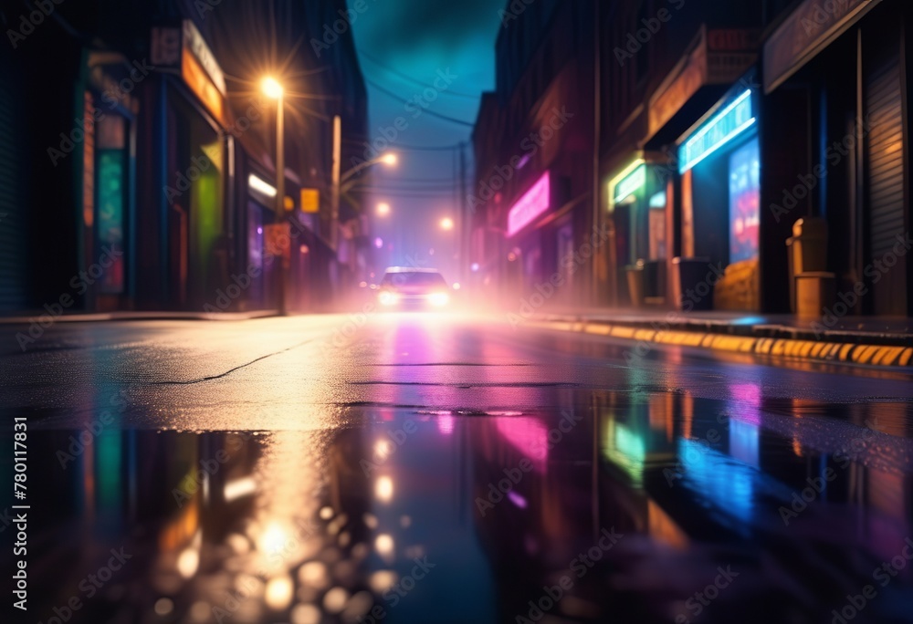 Neon Figures in Dark Street Reflection