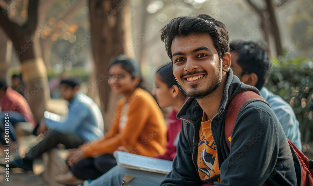 Obraz premium indian group of happy students sitting in college campus,generative ai