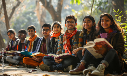 indian group of happy students sitting in college campus,generative ai photo