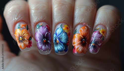 nail art of 3colors pansy flowers,natural garden,generative ai photo