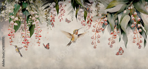 landscape of drooping eucalyptus leaves, pink and white weeping lily of the valley with butterflies and hummingbirds, watercolor illustration photo