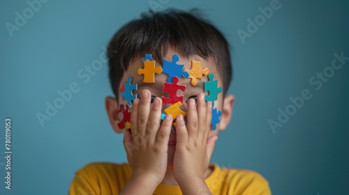 Portrait a little autism asian child with the colorful puzzles pieces in her face. AI generated image