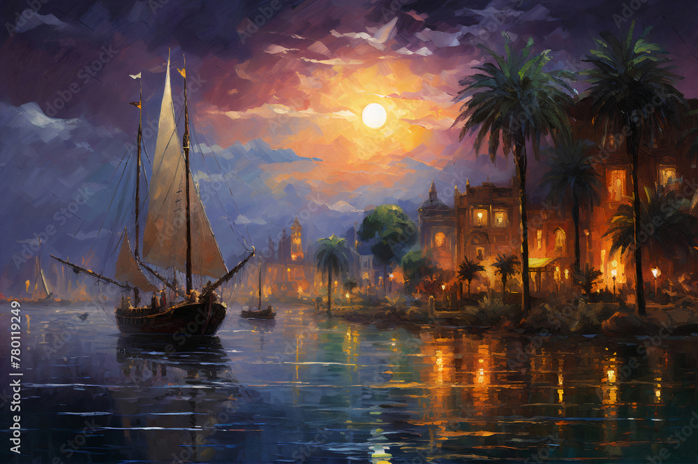 Abstract oil painting of city landscape on the river with sailboats at night wall painting