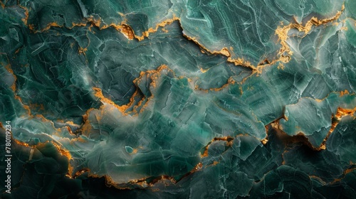 Texture of polished green granite with gold veins.