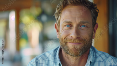 portrait of confident mature man with beard and blue eyes close up