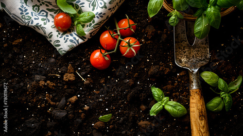 A garden with freshly planted tomatoes and basil growing on the ground, showcasing the process of gardening and cultivating vegetables in a home setting photo
