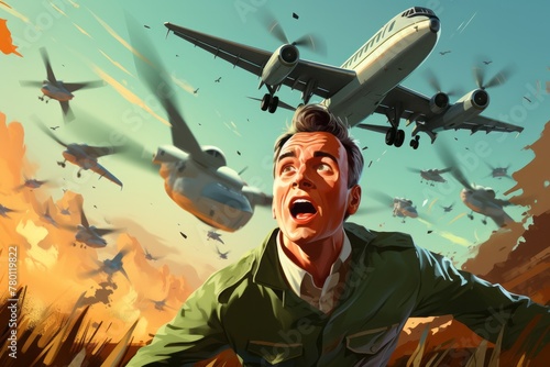 A painting depicting a man in a state of panic, screaming in front of a looming airplane. The scene captures the intense emotion and fear of the aviator in a moment of crisis photo