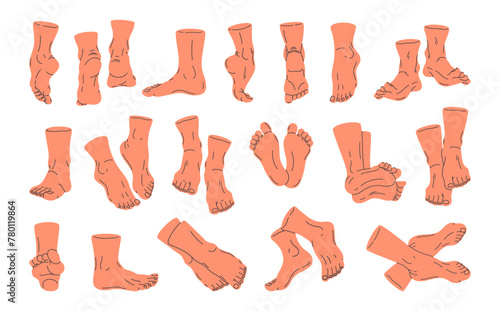 Human barefoot legs. Bare human feet in different poses, back, front, side feet view flat vector illustration set. Standing and walking legs
