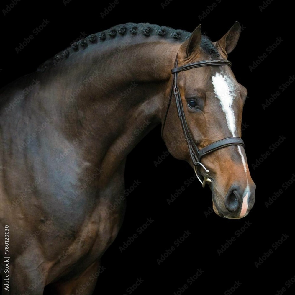Obraz premiumElegant horse portrait on black backround. horse head isolated on black. Portrait of stunning beautiful horse isolated on dark background. horse portrait close up on black background.studio shot .