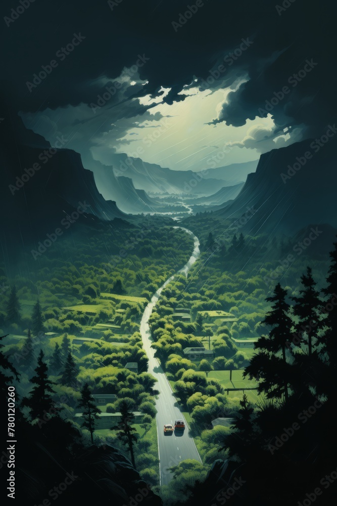 A painting depicting a road running through a valley, with cars traveling along it. The valley is surrounded by hills and lush greenery under a clear blue sky