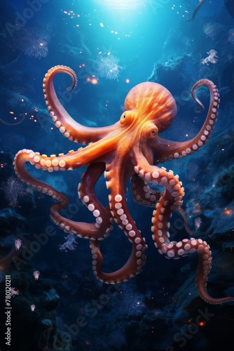 An octopus from the VetalVit star system floats gracefully in the otherworldly waters of a cosmic ocean, showcasing its fluid movements and tentacles as it navigates the alien environment