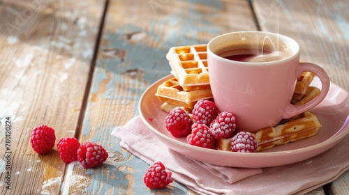 pink mug with a drawn smiley face and waffles with raspberries in a pink plate on an aged light wooden table.Breakfast and good morning concept.copy space